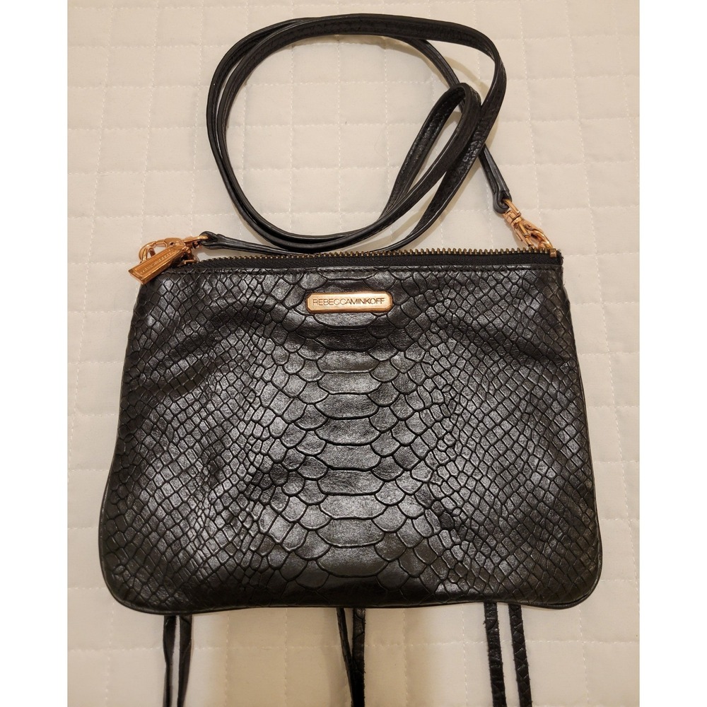 Rebecca Minkoff 3-Zipper Black Snake Embossed Crossbody Leather Bag Moto Goth‎